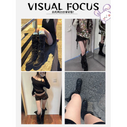 Visual focus 厚底長筒靴女重金屬鉚釘騎士靴辣妹y2k高筒機車靴子