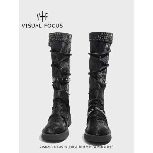 Visual focus 厚底長筒靴女重金屬鉚釘騎士靴辣妹y2k高筒機車靴子