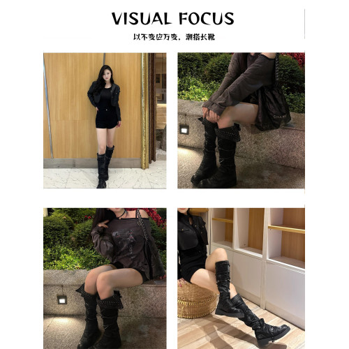 Visual focus 厚底長筒靴女重金屬鉚釘騎士靴辣妹y2k高筒機車靴子