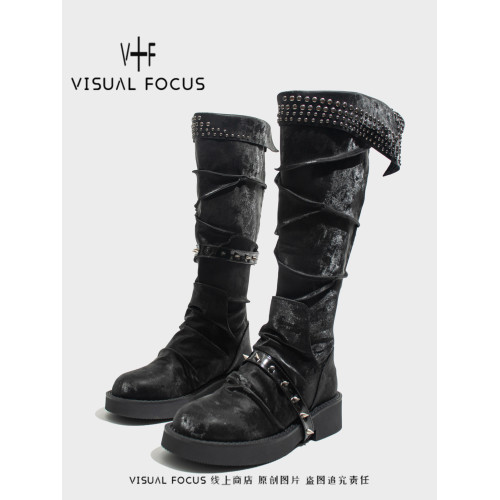 Visual focus 厚底長筒靴女重金屬鉚釘騎士靴辣妹y2k高筒機車靴子