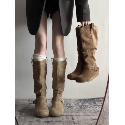 復古勃肯長靴女2025年秋季新款不過膝顯瘦長筒靴內增高褶皺堆堆靴