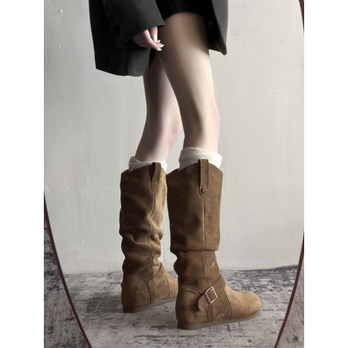 復古勃肯長靴女2025年秋季新款不過膝顯瘦長筒靴內增高褶皺堆堆靴