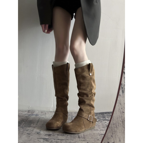 復古勃肯長靴女2025年秋季新款不過膝顯瘦長筒靴內增高褶皺堆堆靴