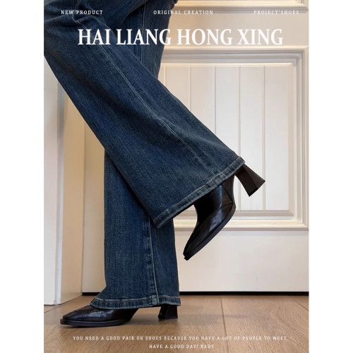 羊皮版！韓版高跟方頭瘦瘦靴短靴女粗跟復古馬丁靴英倫風短筒單靴