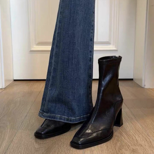 羊皮版！韓版高跟方頭瘦瘦靴短靴女粗跟復古馬丁靴英倫風短筒單靴