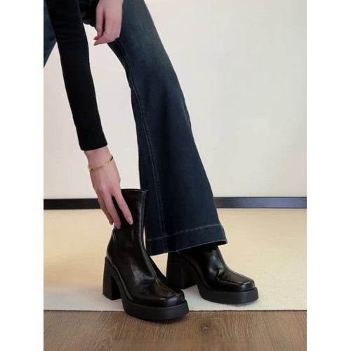 牛皮~法式高跟切爾西短靴女2025新款冬季真皮粗跟增高好看瘦瘦靴