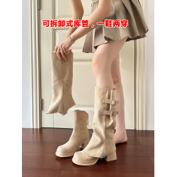 褲琯靴女菸筒靴可拆兩穿棕色長筒靴厚底高跟堆堆靴西部靴騎士靴子