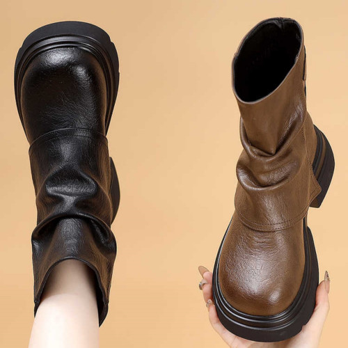 特價真皮馬丁靴女2025新款秋冬厚底小個子英倫堆堆褶皺切爾西短靴