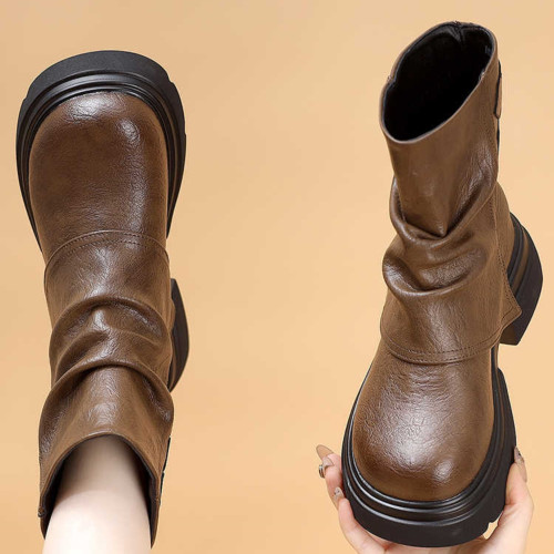 特價真皮馬丁靴女2025新款秋冬厚底小個子英倫堆堆褶皺切爾西短靴