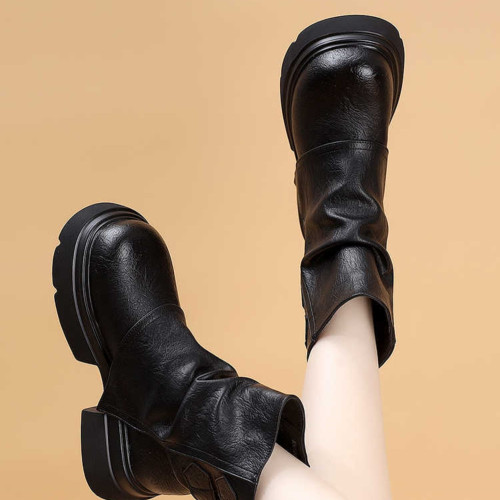 特價真皮馬丁靴女2025新款秋冬厚底小個子英倫堆堆褶皺切爾西短靴