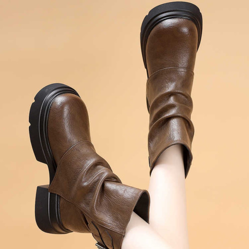 特價真皮馬丁靴女2025新款秋冬厚底小個子英倫堆堆褶皺切爾西短靴