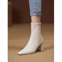 棕色方頭短靴女粗跟2025年秋冬新款簡約純色後拉鍊時尚百搭瘦瘦靴