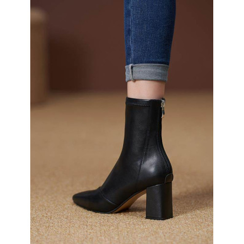 棕色方頭短靴女粗跟2025年秋冬新款簡約純色後拉鍊時尚百搭瘦瘦靴