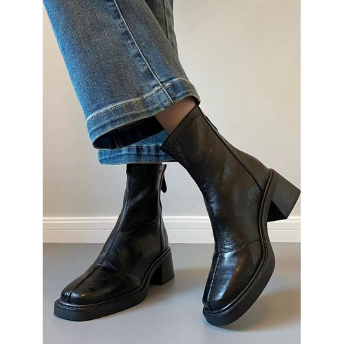 羊皮版~復古高跟女短靴方頭小衆彈力靴秋冬粗跟做舊軟皮瘦瘦靴子