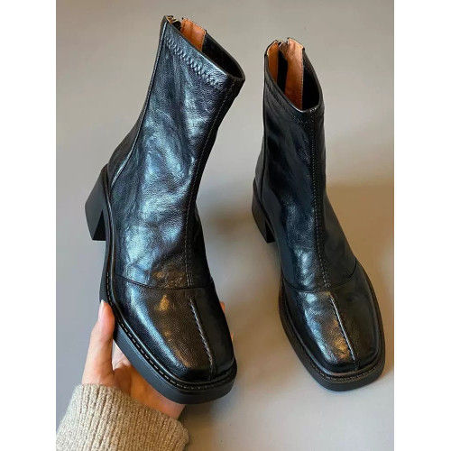 羊皮版~復古高跟女短靴方頭小衆彈力靴秋冬粗跟做舊軟皮瘦瘦靴子