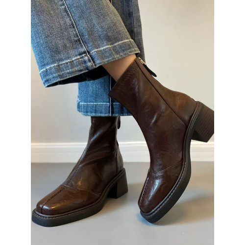 羊皮版~復古高跟女短靴方頭小衆彈力靴秋冬粗跟做舊軟皮瘦瘦靴子