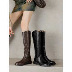 黑色低跟圓頭騎士長靴女2026秋冬新款粗跟美拉德後拉鍊顯瘦長筒靴