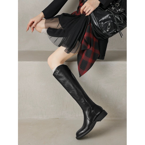 黑色低跟圓頭騎士長靴女2026秋冬新款粗跟美拉德後拉鍊顯瘦長筒靴 黑色低跟圓頭騎士長靴女2026秋冬新款粗跟美拉德後拉鍊顯瘦長筒靴