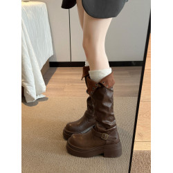 西部牛仔長筒靴女2026秋冬新款厚底皮帶釦堆堆靴騎士靴顯瘦高筒靴