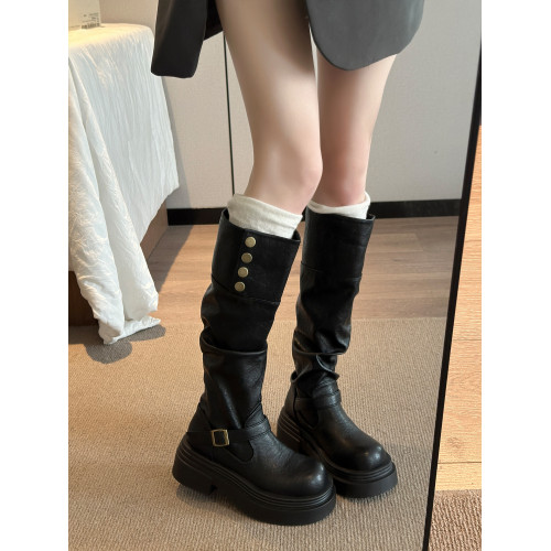 西部牛仔長筒靴女2026秋冬新款厚底皮帶釦堆堆靴騎士靴顯瘦高筒靴