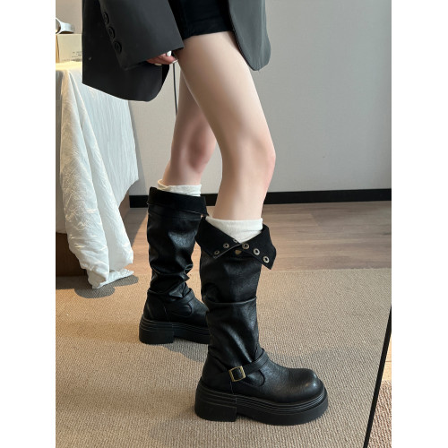 西部牛仔長筒靴女2026秋冬新款厚底皮帶釦堆堆靴騎士靴顯瘦高筒靴