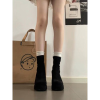 真皮2025新款方頭防水台超高跟彈力瘦瘦靴女粗跟小個子增高菸筒靴