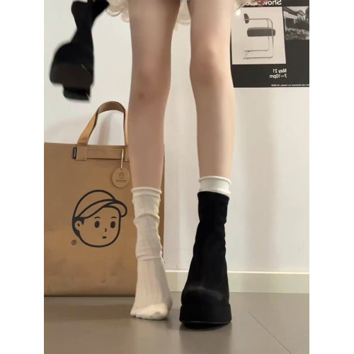 真皮2025新款方頭防水台超高跟彈力瘦瘦靴女粗跟小個子增高菸筒靴