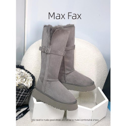 兩穿灰色時髦雪地靴女冬加絨保暖大棉鞋女中高筒皮帶釦厚底長靴子