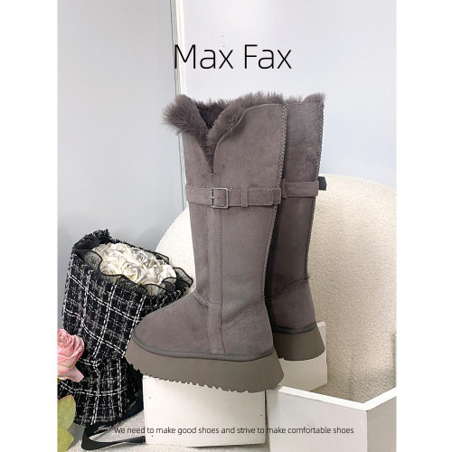兩穿灰色時髦雪地靴女冬加絨保暖大棉鞋女中高筒皮帶釦厚底長靴子