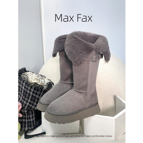 兩穿灰色時髦雪地靴女冬加絨保暖大棉鞋女中高筒皮帶釦厚底長靴子