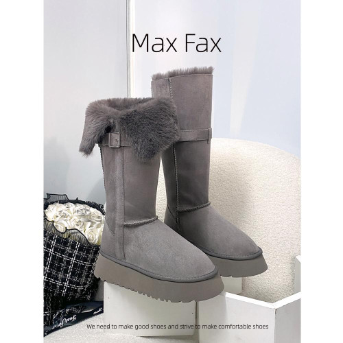 兩穿灰色時髦雪地靴女冬加絨保暖大棉鞋女中高筒皮帶釦厚底長靴子