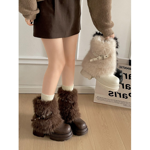 白色復古厚底加絨雪地靴女款2026新款冬季保暖外穿防滑毛毛棉鞋子