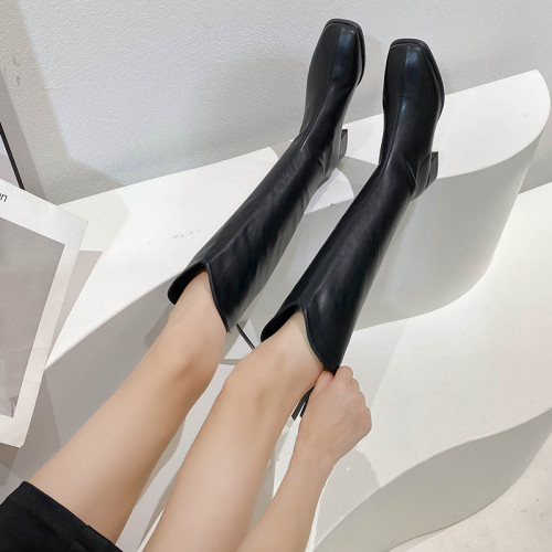 2025秋冬新款馬丁靴女方頭中跟粗跟短靴百搭後拉鍊彈力瘦瘦長筒靴