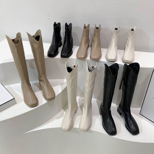 2025秋冬新款馬丁靴女方頭中跟粗跟短靴百搭後拉鍊彈力瘦瘦長筒靴