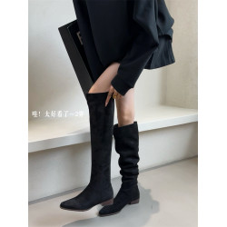 粗跟絨面過膝靴堆堆長靴女鞋2025秋冬季卡其色瘦瘦長筒靴騎士靴子