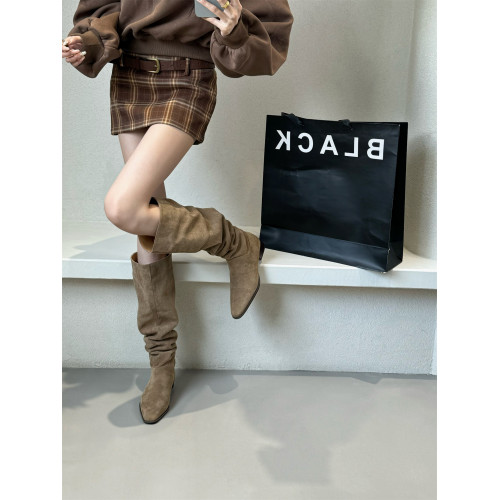 粗跟絨面過膝靴堆堆長靴女鞋2025秋冬季卡其色瘦瘦長筒靴騎士靴子