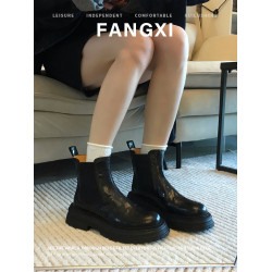 春秋單靴復古英倫風圓頭厚底馬丁靴女粗跟短靴切爾西靴子菸筒靴