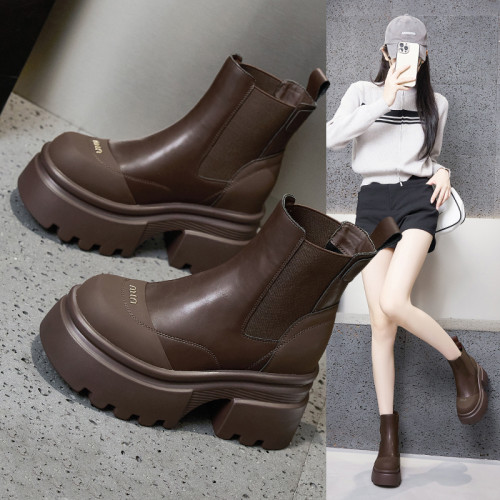 真皮內增高馬丁靴女秋冬2024新款英倫風厚底小個子菸筒切爾西短靴