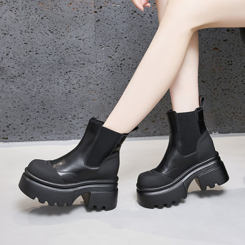 真皮內增高馬丁靴女秋冬2024新款英倫風厚底小個子菸筒切爾西短靴