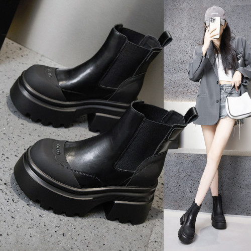 真皮內增高馬丁靴女秋冬2024新款英倫風厚底小個子菸筒切爾西短靴