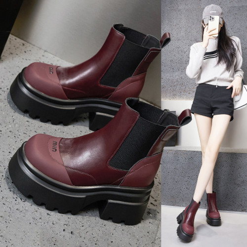 真皮內增高馬丁靴女秋冬2024新款英倫風厚底小個子菸筒切爾西短靴