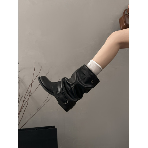 西部牛仔靴女褶皺堆堆靴黑色復古粗跟騎士靴夏季短靴子2026年新款