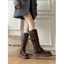 英倫風復古皮帶釦靴子長筒靴女2026秋冬季新款厚底增高高筒騎士靴