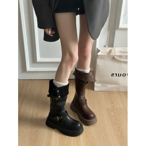 英倫風復古皮帶釦靴子長筒靴女2026秋冬季新款厚底增高高筒騎士靴