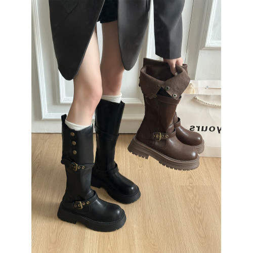 英倫風復古皮帶釦靴子長筒靴女2026秋冬季新款厚底增高高筒騎士靴