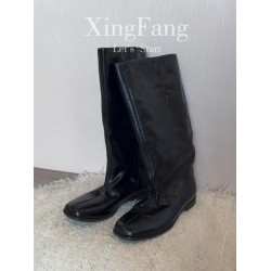 牛皮版~復古方頭不過膝高筒騎士靴女新款真皮平底顯瘦長筒堆堆靴