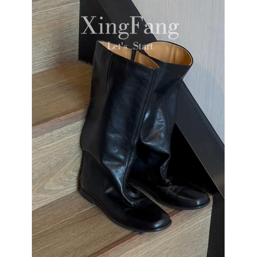 牛皮版~復古方頭不過膝高筒騎士靴女新款真皮平底顯瘦長筒堆堆靴