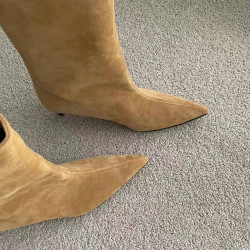 2025新款復古尖頭中筒靴女真皮磨砂寬筒靴子百搭西部牛仔靴短靴女