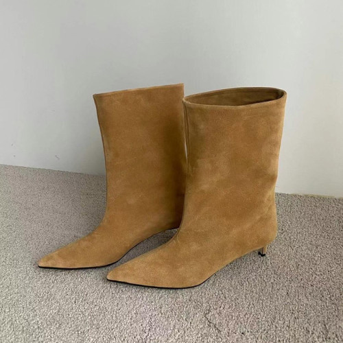 2025新款復古尖頭中筒靴女真皮磨砂寬筒靴子百搭西部牛仔靴短靴女