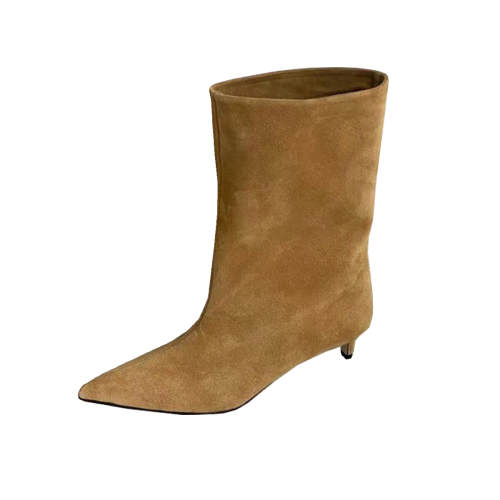 2025新款復古尖頭中筒靴女真皮磨砂寬筒靴子百搭西部牛仔靴短靴女